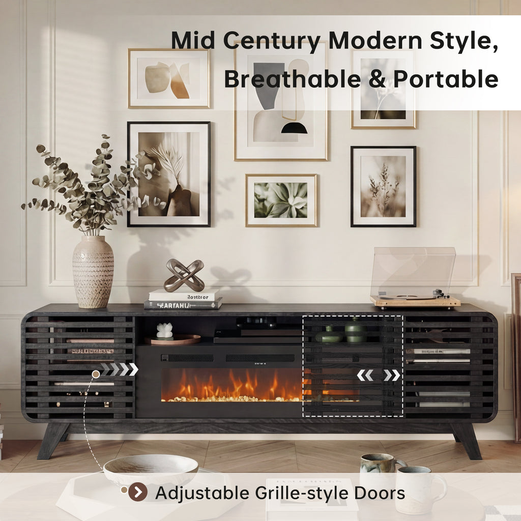 Fireplace TV Stand for 80” TVs, Mid Century Modern Entertainment Center with 36" Electric Fireplace and Led Lights, Wood Media Console with Slatted Sliding Doors, for Living Room, Black