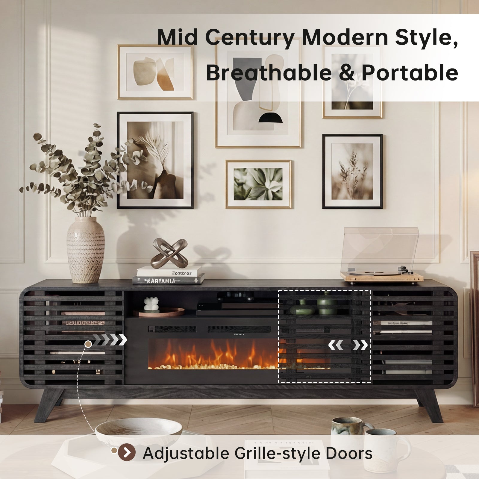 Fireplace TV Stand for 80” TVs, Mid Century Modern Entertainment Center with 36" Electric Fireplace and Led Lights, Wood Media Console with Slatted Sliding Doors, for Living Room, Black