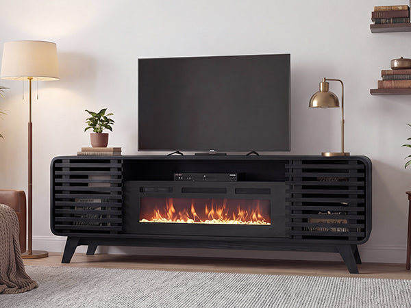 Fireplace TV Stand for 80” TVs, Mid Century Modern Entertainment Center with 36" Electric Fireplace and Led Lights, Wood Media Console with Slatted Sliding Doors, for Living Room, Black