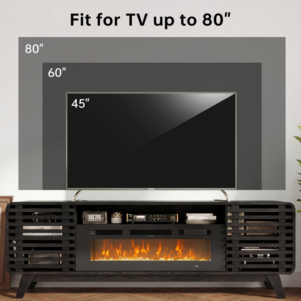 Fireplace TV Stand for 80” TVs, Mid Century Modern Entertainment Center with 36" Electric Fireplace and Led Lights, Wood Media Console with Slatted Sliding Doors, for Living Room, Black