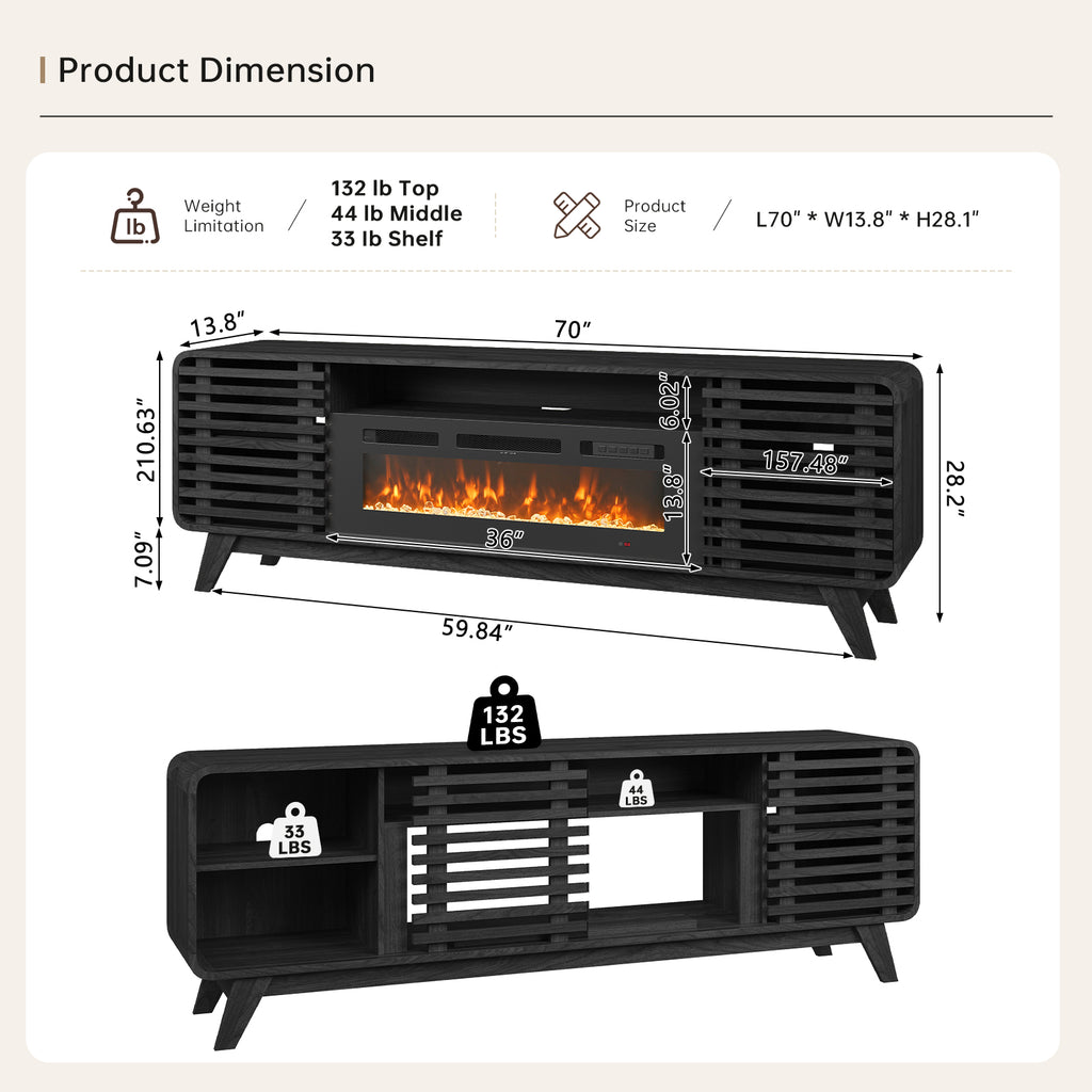 Fireplace TV Stand for 80” TVs, Mid Century Modern Entertainment Center with 36" Electric Fireplace and Led Lights, Wood Media Console with Slatted Sliding Doors, for Living Room, Black