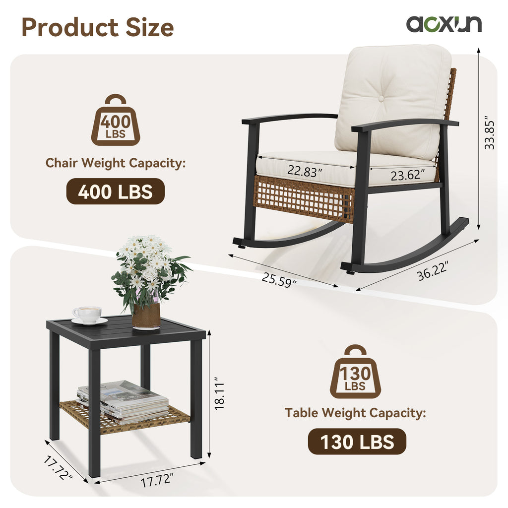 Aoxun 3 Piece Outdoor Rocking Chairs Bistro Set, Rattan Patio Furniture with Thick Cushions & 2-Tier Coffee Table, Patio Rocking Chairs Set of 2 for Garden, Porch