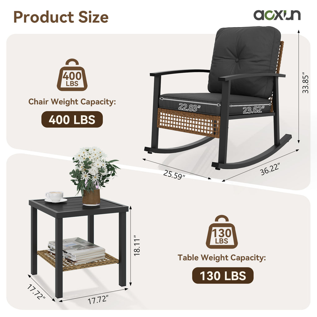 Aoxun 3 Piece Outdoor Rocking Chairs Bistro Set, Rattan Patio Furniture with Thick Cushions & 2-Tier Coffee Table, Patio Rocking Chairs Set of 2 for Garden, Porch