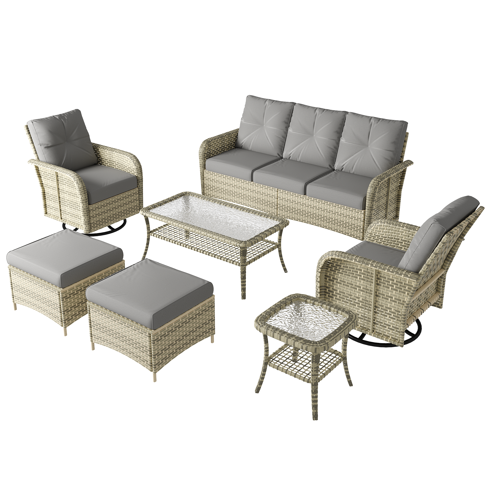 LazySunsets 7 Piece Outdoor Patio Furniture Set with Coffee Table, Wicker Rattan Outdoor Furniture with High Back Swivel Rocker Chairs, Outdoor Conversation Sets with Thick Cushions & Ottoman