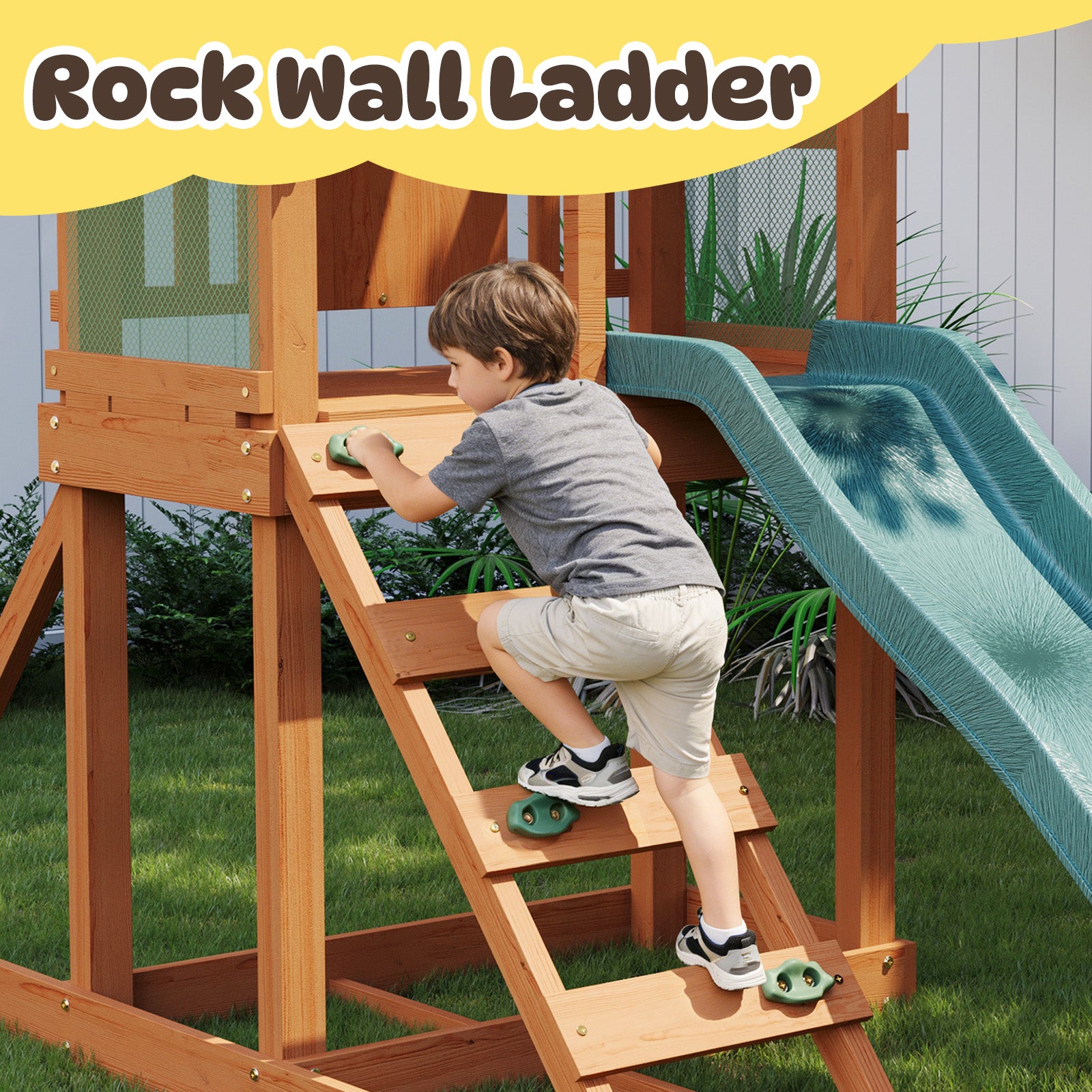 SunSwell Wood Swing Sets for Backyard - Playground Sets for Backyards, Outdoor Playset with Wave Slide, Play Deck, Rock Wall Ladder, Belt Swings, Chalkboard, Canopy Roof