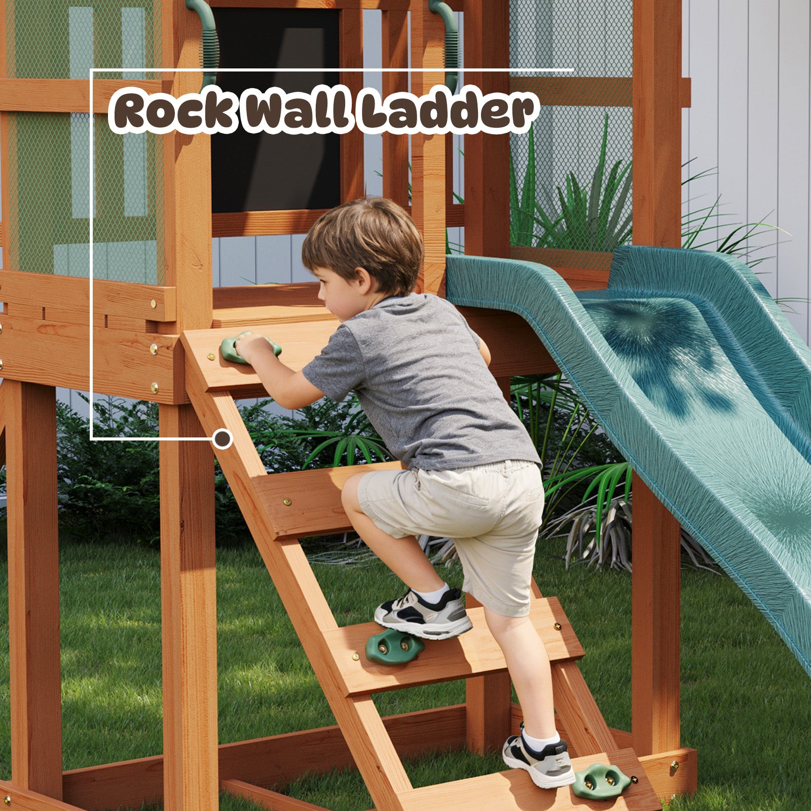 Wooden Swing Sets for Backyard - Playground Sets for Backyards, Kids Outdoor Playset with 6 FT Wave Slide, Play Deck, Rock Wall Ladder, 2 Belt Swings, Chalkboard, Canopy Roof, Green