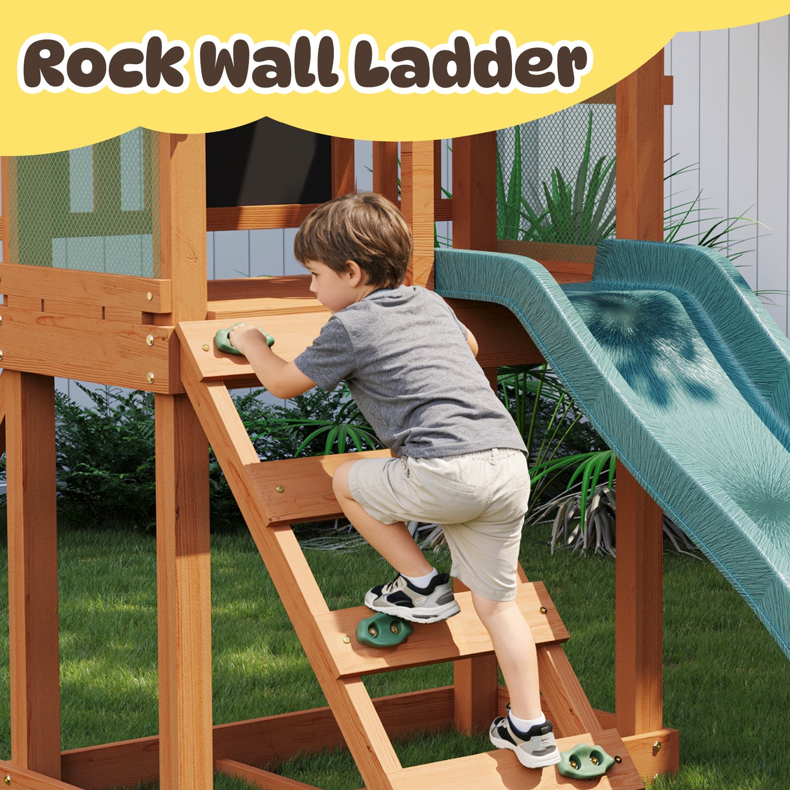SunSwell Wooden Swing Sets for Backyard - Playground Sets for Backyards, Outdoor Playset with 6 FT Wave Slide, Play Deck, Rock Wall Ladder, 2 Belt Swings, Chalkboard, Canopy Roof, Green
