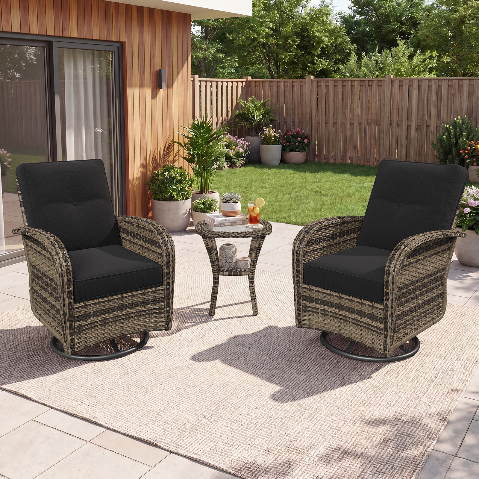 Aoxun 3 Piece Outdoor Patio Furniture Set with Side Table, Outdoor Patio Furniture Sets with High Back Swivel Rocker Chairs, Outdoor Sofa Set with Ottoman for Backyard & Garden