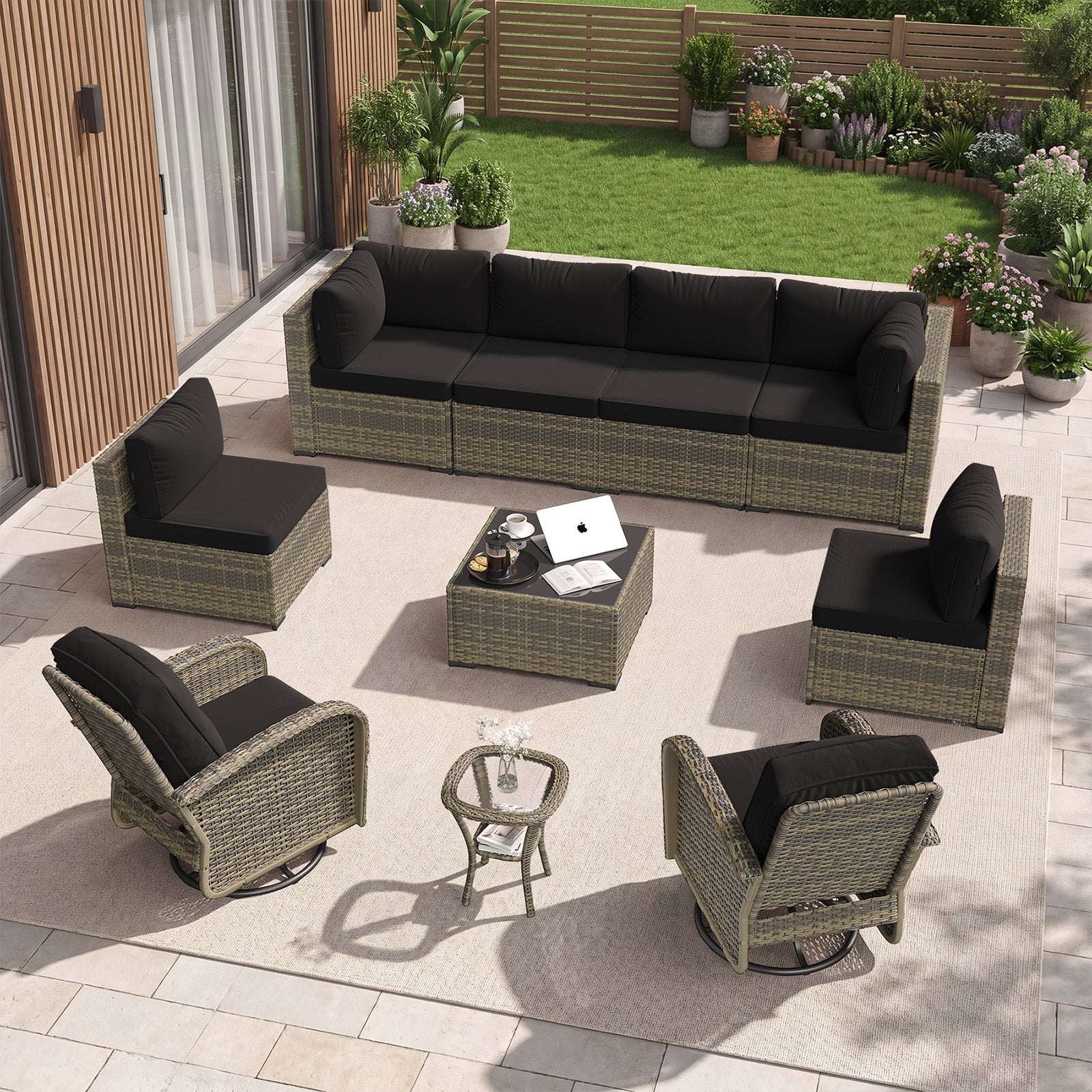 Aoxun 10 Piece Outdoor Patio Furniture Set with Coffee Table, Wicker Rattan Outdoor Furniture with High Back Swivel Rocker Chairs, Outdoor Conversation Set with Thick Cushion & Ottoman