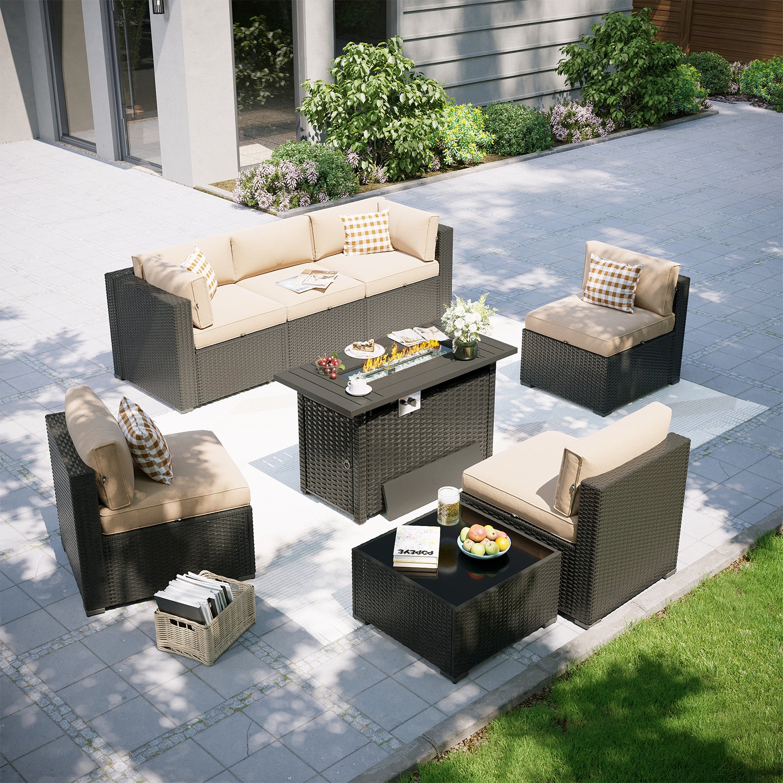 Aoxun Patio Furniture Set, 7 Piece Outdoor Patio Furniture with Waterprool Cover, Wicker Rattan Outdoor Conversation Set Sectional Sofas for Backyard, Garden