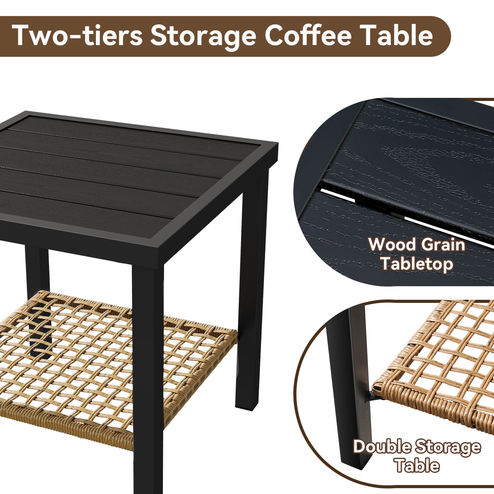 Aoxun 3 Piece Outdoor Rocking Chairs Bistro Set, Rattan Patio Furniture with Thick Cushions & 2-Tier Coffee Table, Patio Rocking Chairs Set of 2 for Garden, Porch