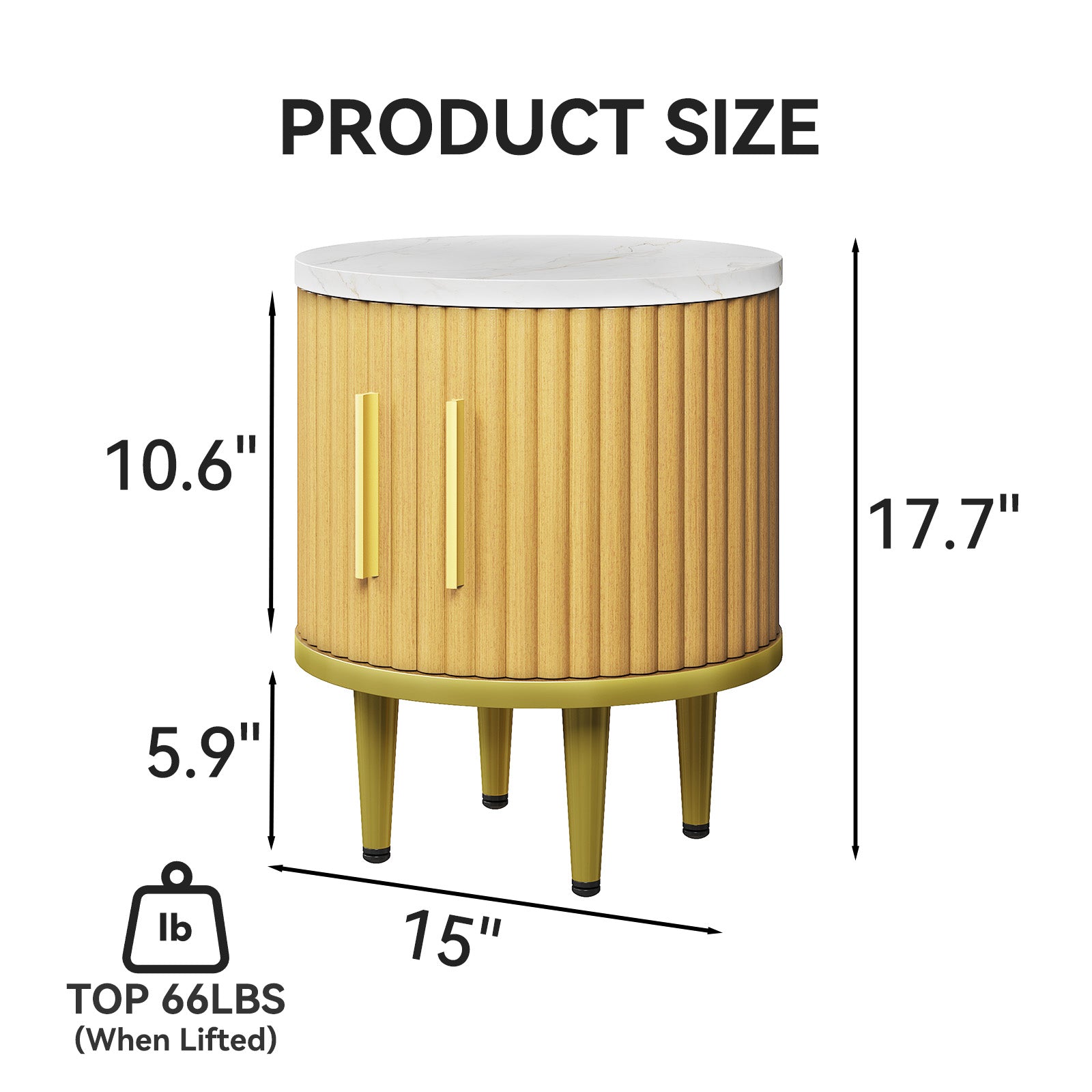 Fluted Nightstand Set of 2, Modern Side Table with Faux Marble Top and Metal Handle