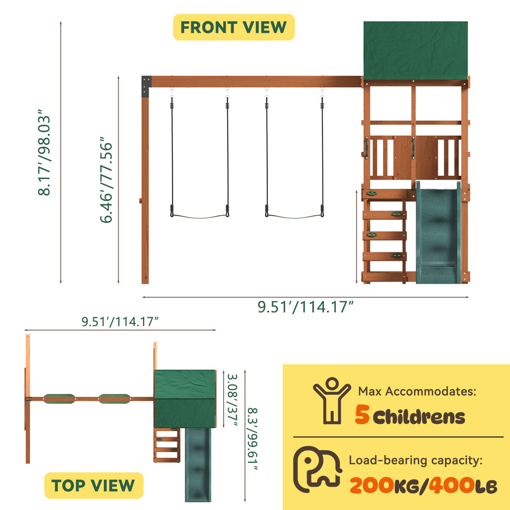 SunSwell Wood Swing Sets for Backyard - Playground Sets for Backyards, Outdoor Playset with Wave Slide, Play Deck, Rock Wall Ladder, Belt Swings, Chalkboard, Canopy Roof
