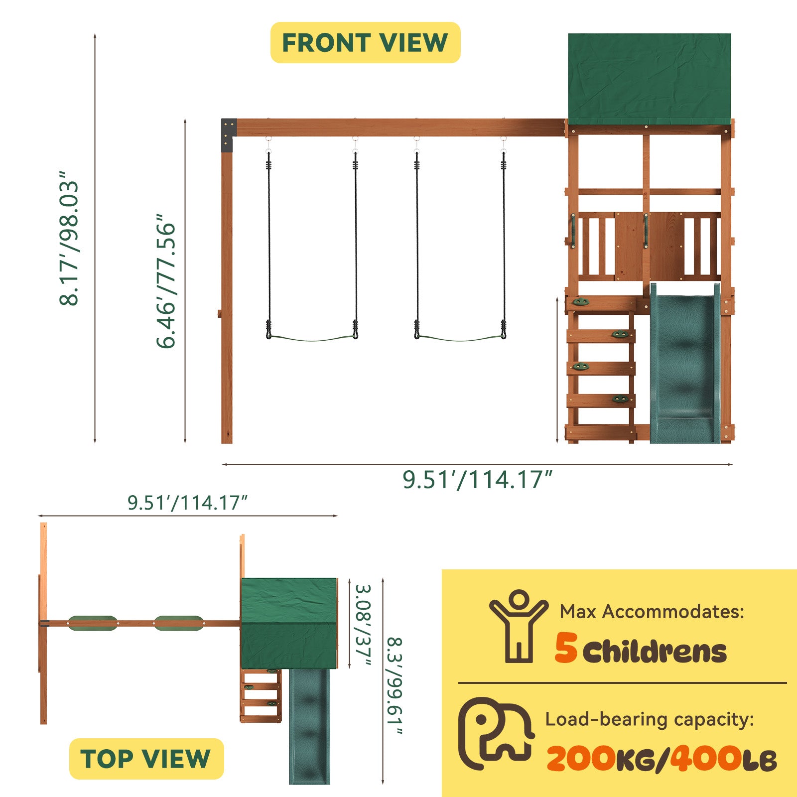 SunSwell Wood Swing Sets for Backyard - Playground Sets for Backyards, Outdoor Playset with Wave Slide, Play Deck, Rock Wall Ladder, Belt Swings, Chalkboard, Canopy Roof