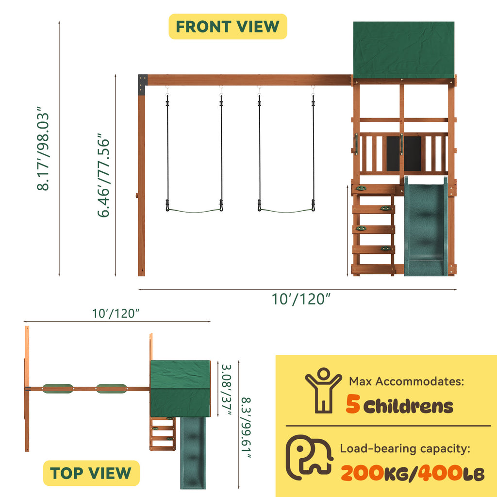 SunSwell Wooden Swing Sets for Backyard - Playground Sets for Backyards, Outdoor Playset with 6 FT Wave Slide, Play Deck, Rock Wall Ladder, 2 Belt Swings, Chalkboard, Canopy Roof, Green