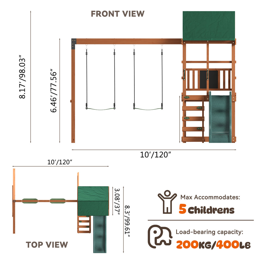Wooden Swing Sets for Backyard - Playground Sets for Backyards, Kids Outdoor Playset with 6 FT Wave Slide, Play Deck, Rock Wall Ladder, 2 Belt Swings, Chalkboard, Canopy Roof, Green