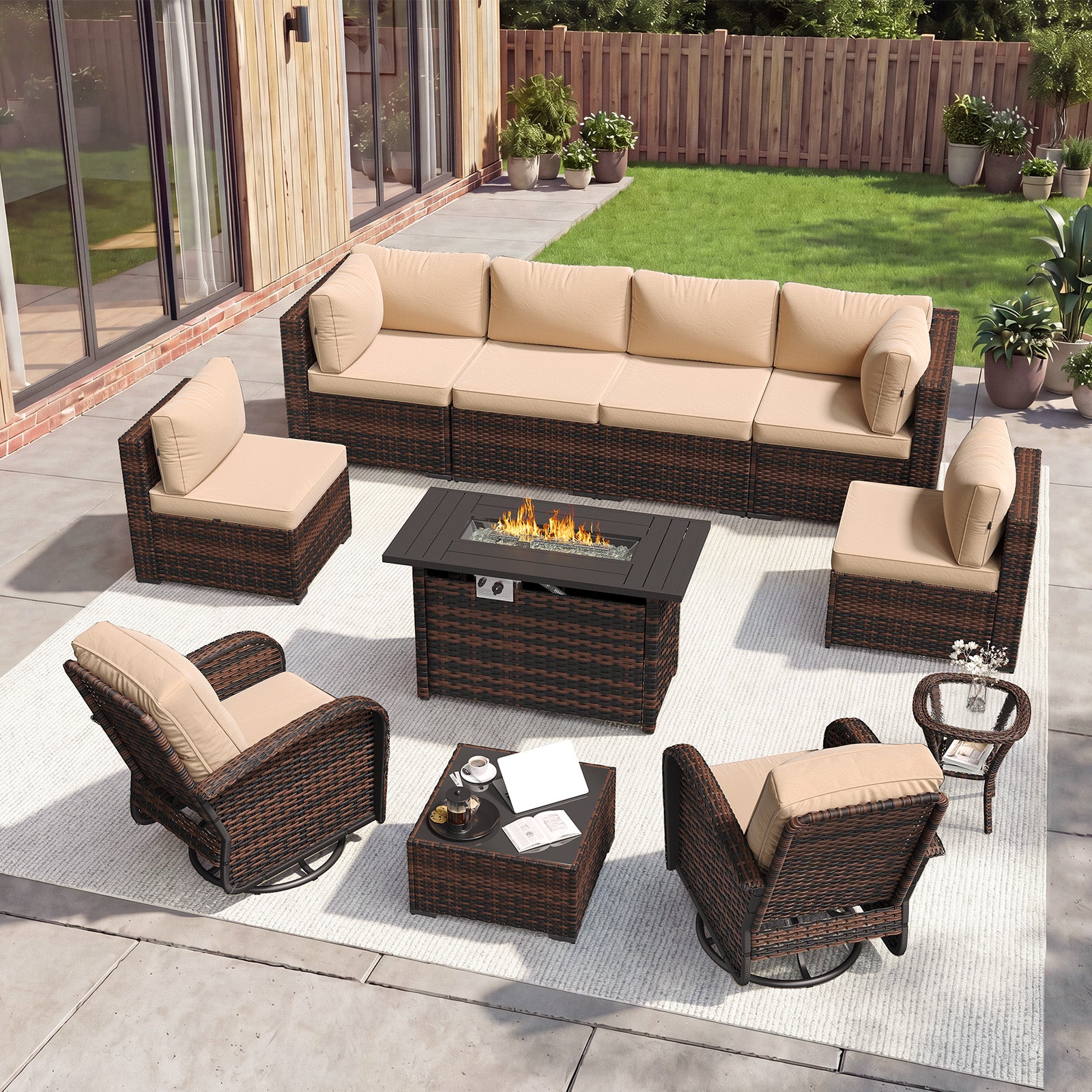 Aoxun 11 Piece Outdoor Patio Furniture Set with 44'' Fire Pit Table, Wicker Rattan Outdoor Furniture with High Back Swivel Rocker Chairs, Outdoor Sofa Set with Thick Cushion & Side Table