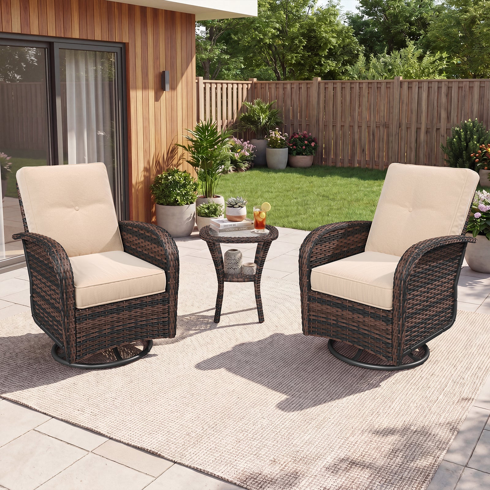 Aoxun 3 Piece Outdoor Patio Furniture Set with Side Table, Outdoor Patio Furniture Sets with High Back Swivel Rocker Chairs, Outdoor Sofa Set with Ottoman for Backyard & Garden