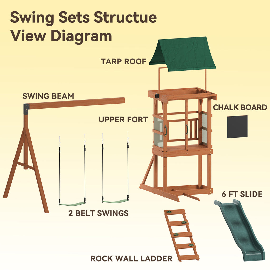 SunSwell Wood Swing Sets for Backyard - Playground Sets for Backyards, Outdoor Playset with Wave Slide, Play Deck, Rock Wall Ladder, Belt Swings, Chalkboard, Canopy Roof