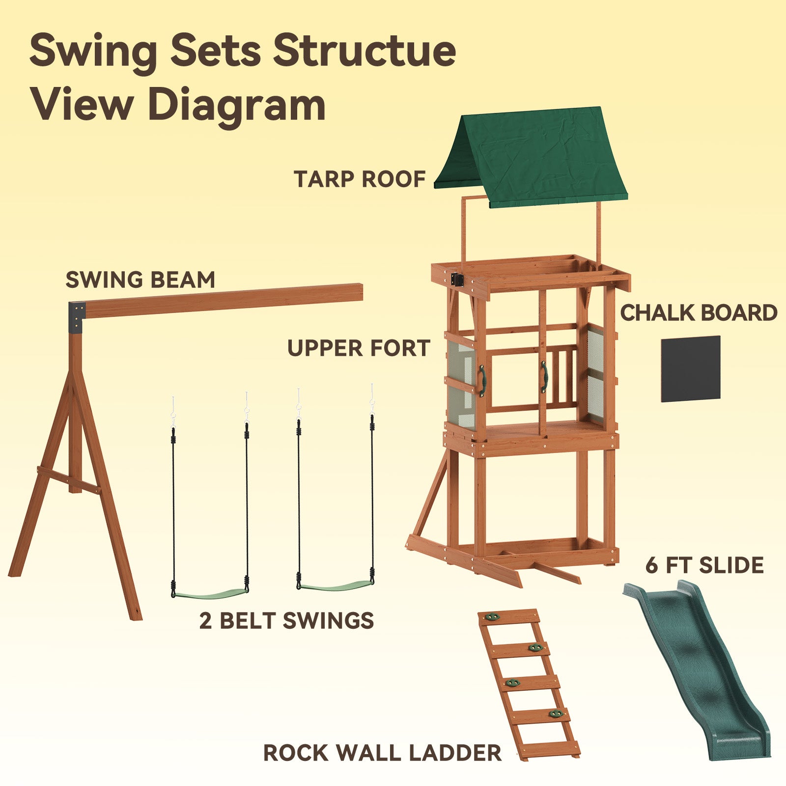 SunSwell Wood Swing Sets for Backyard - Playground Sets for Backyards, Outdoor Playset with Wave Slide, Play Deck, Rock Wall Ladder, Belt Swings, Chalkboard, Canopy Roof