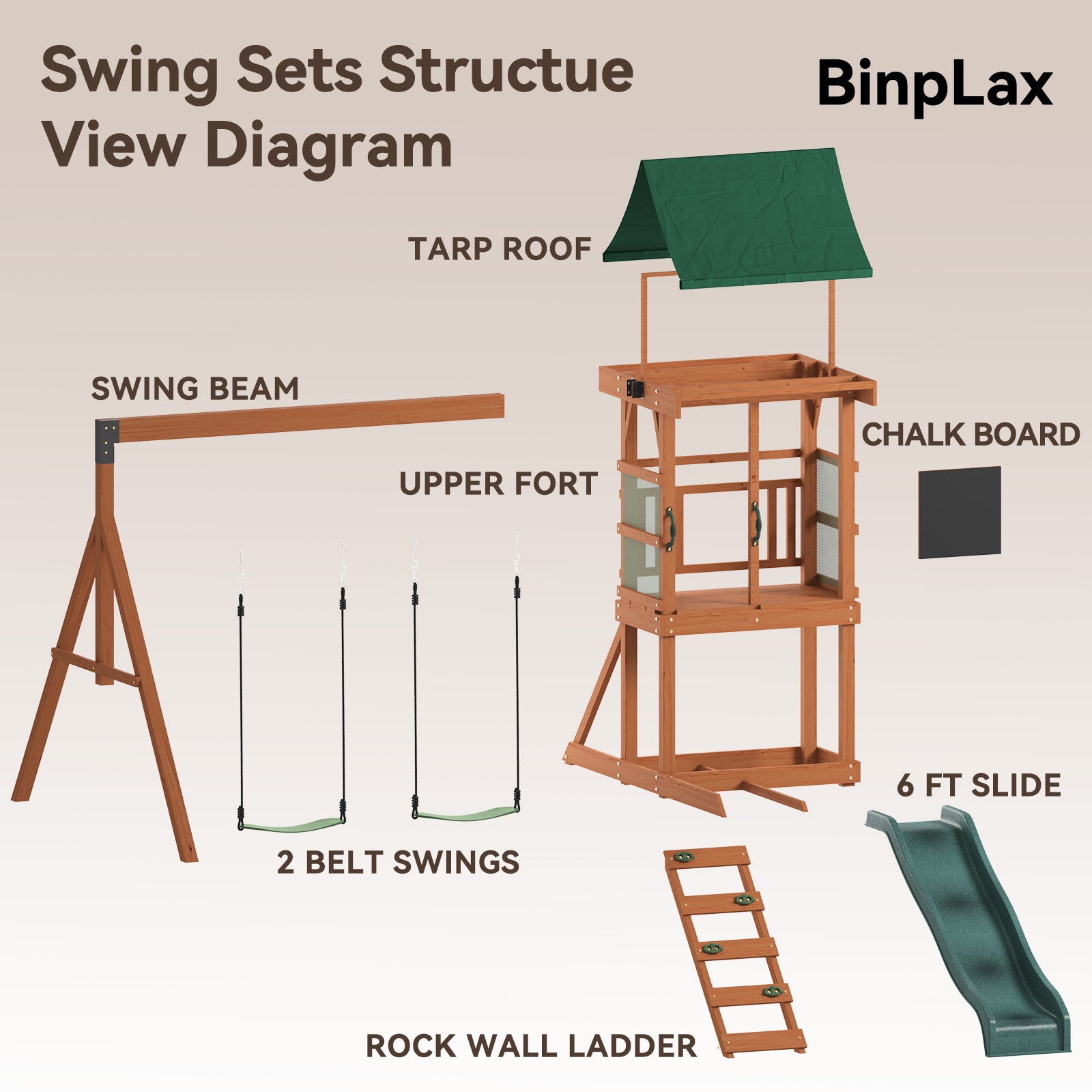 Wooden Swing Sets for Backyard - Playground Sets for Backyards, Kids Outdoor Playset with 6 FT Wave Slide, Play Deck, Rock Wall Ladder, 2 Belt Swings, Chalkboard, Canopy Roof, Green