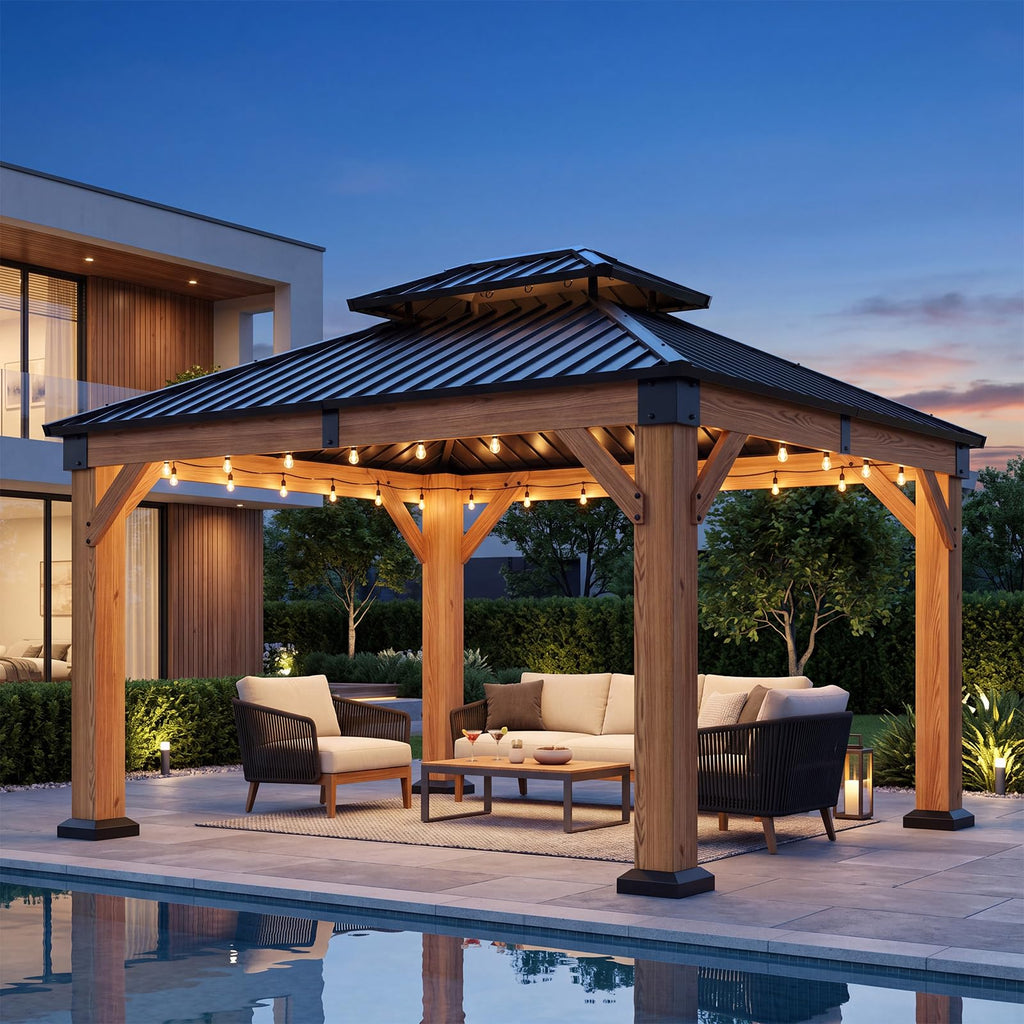 LazySunsets Wood Gazebo, Hardtop Gazebo, Steel Double Roof, 12x14, Natural