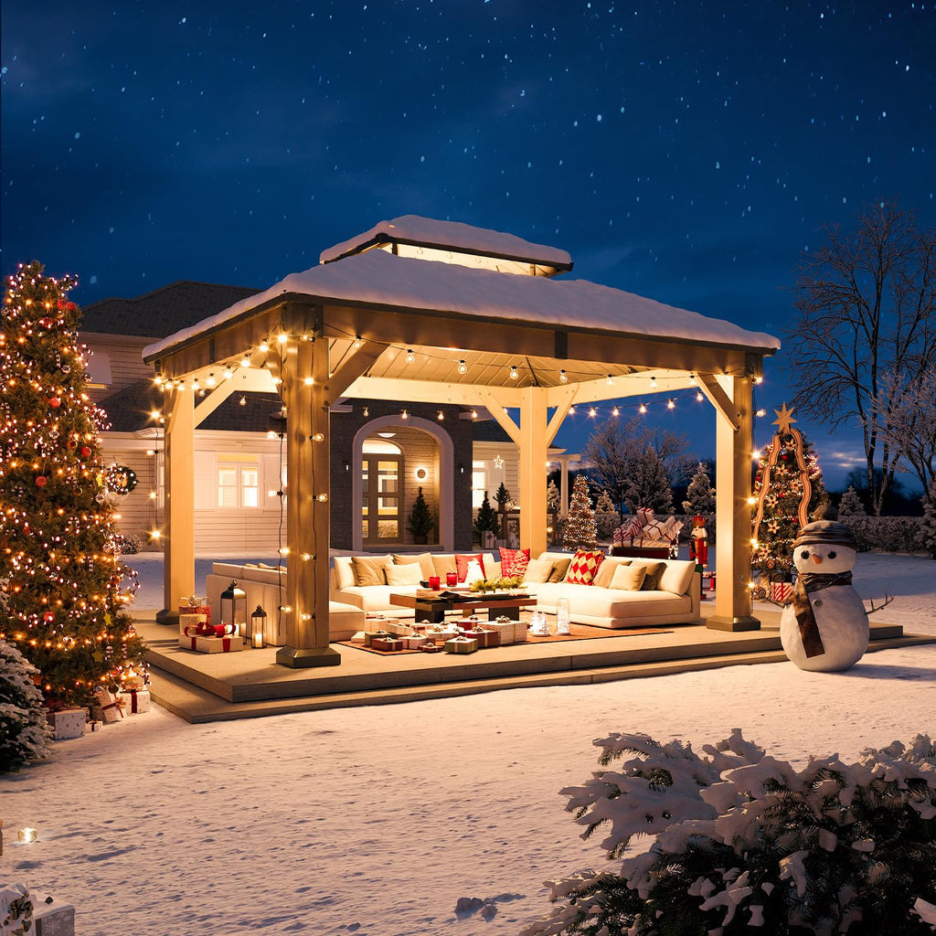 LazySunsets Wood Gazebo, Hardtop Gazebo, Steel Double Roof