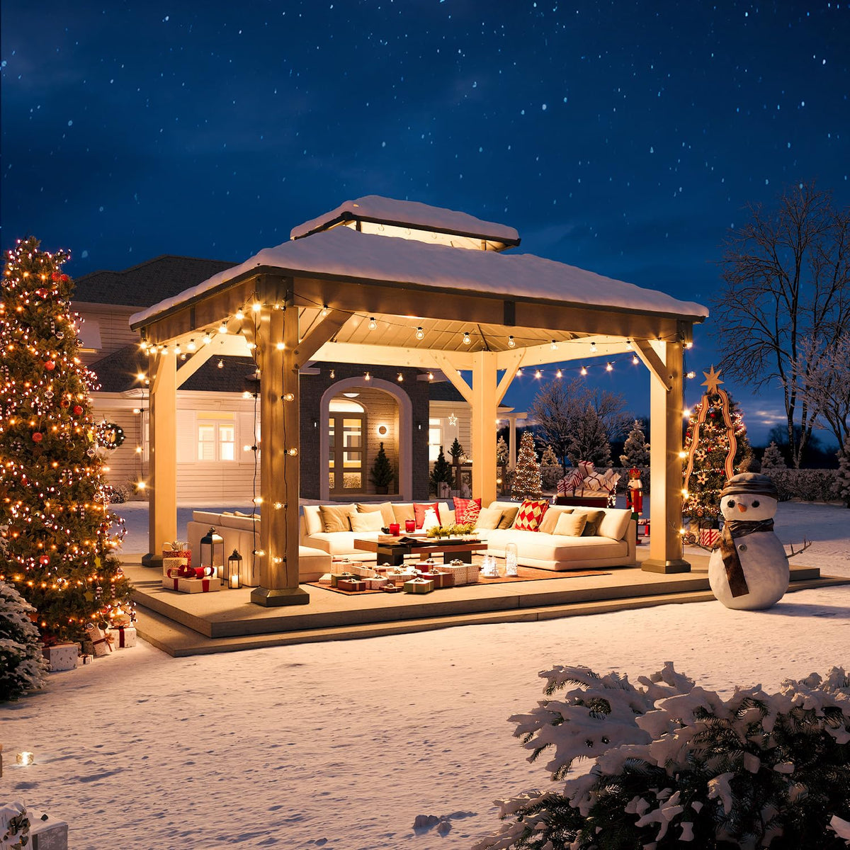 LazySunsets Wood Gazebo, Hardtop Gazebo, Steel Double Roof