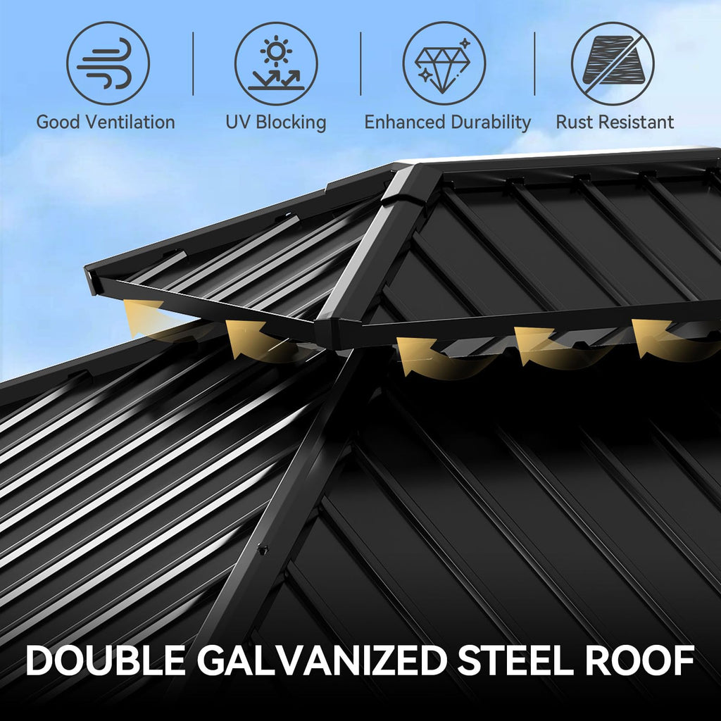 LazySunsets Wood Gazebo, Hardtop Gazebo, Steel Double Roof