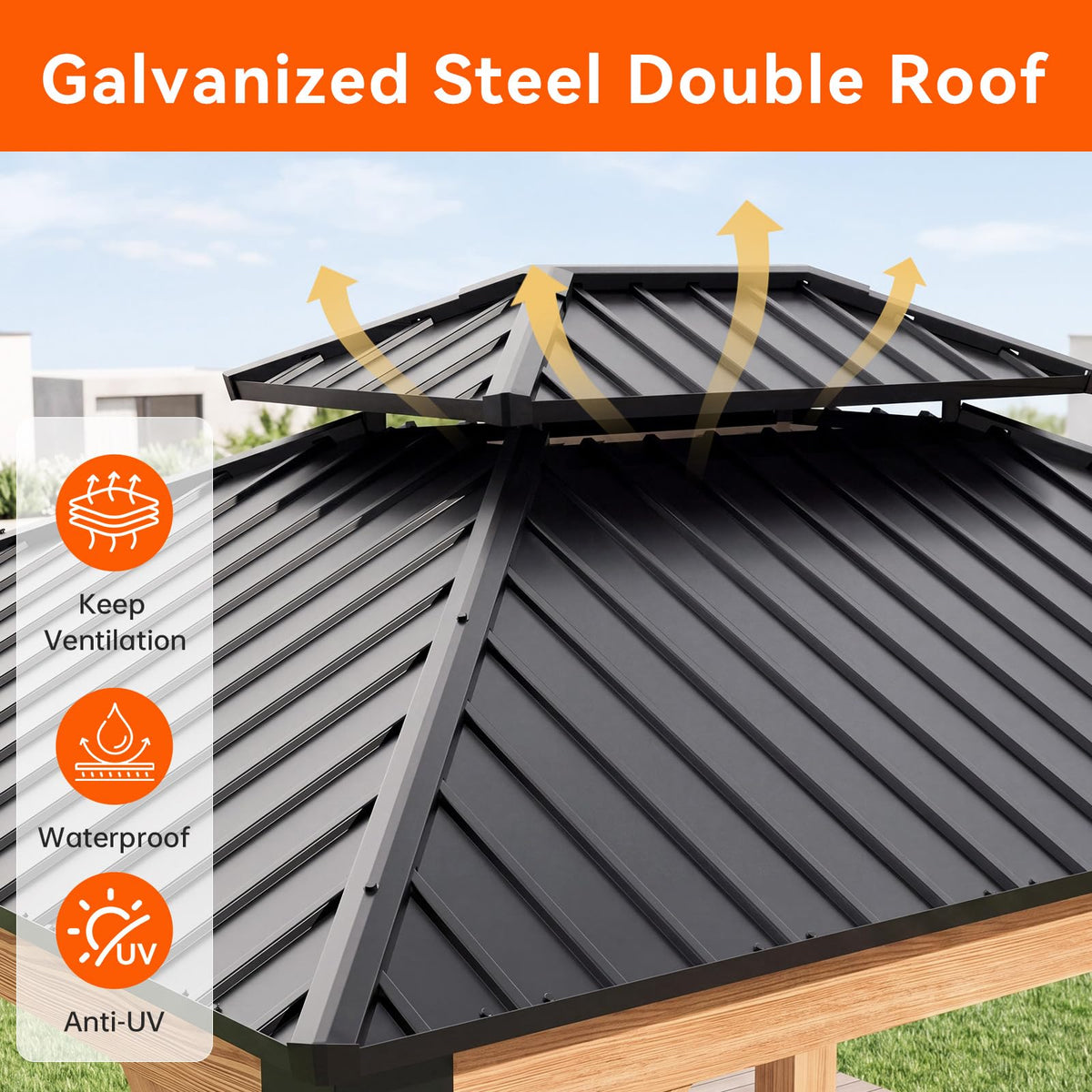LazySunsets Wood Gazebo, Hardtop Gazebo, Steel Double Roof, 10x12, Natural