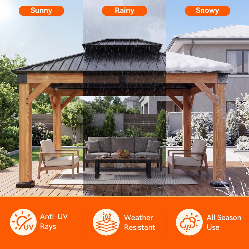 LazySunsets Wood Gazebo, Hardtop Gazebo, Steel Double Roof, 10x12, Natural