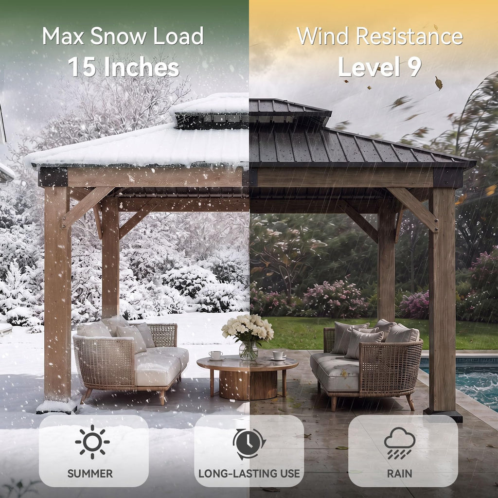 LazySunsets Wood Gazebo, Hardtop Gazebo, Steel Double Roof