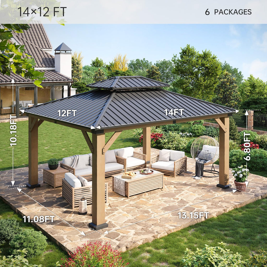 LazySunsets Wood Gazebo, Hardtop Gazebo, Steel Double Roof, 12x14, Grey