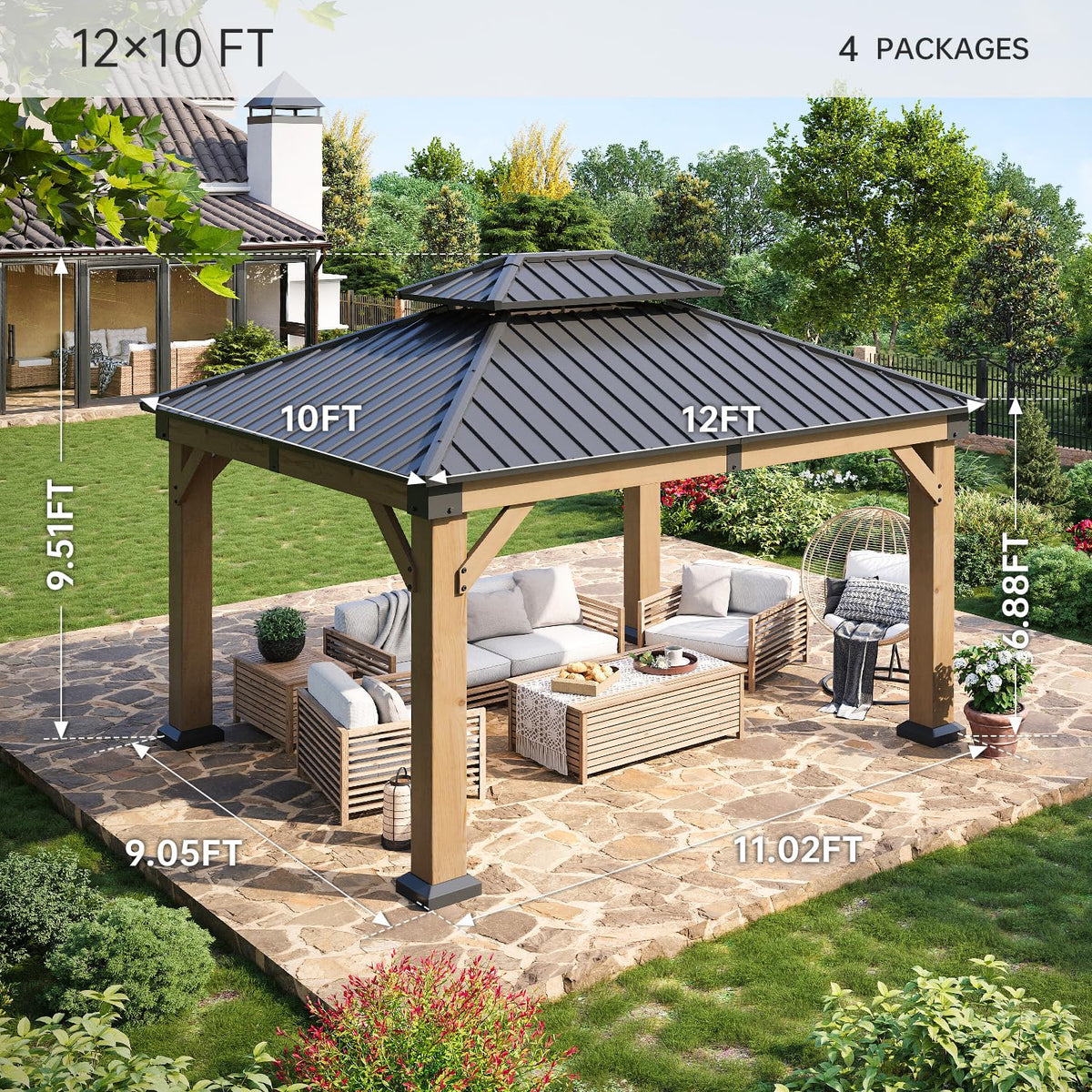 LazySunsets Wood Gazebo, Hardtop Gazebo, Steel Double Roof