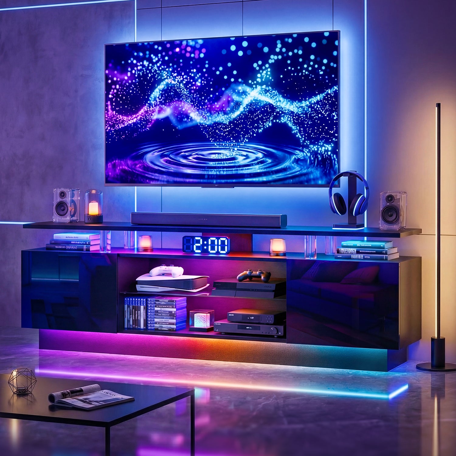 Nordivale 80” High-Glossy TV Stand with 2 Side Cabinets, Storage Entertainment Center, Modern Stylish TV Console with 3 Layer LED Lights&Power Outlets,Remote&APP Control for Living Room Use Black