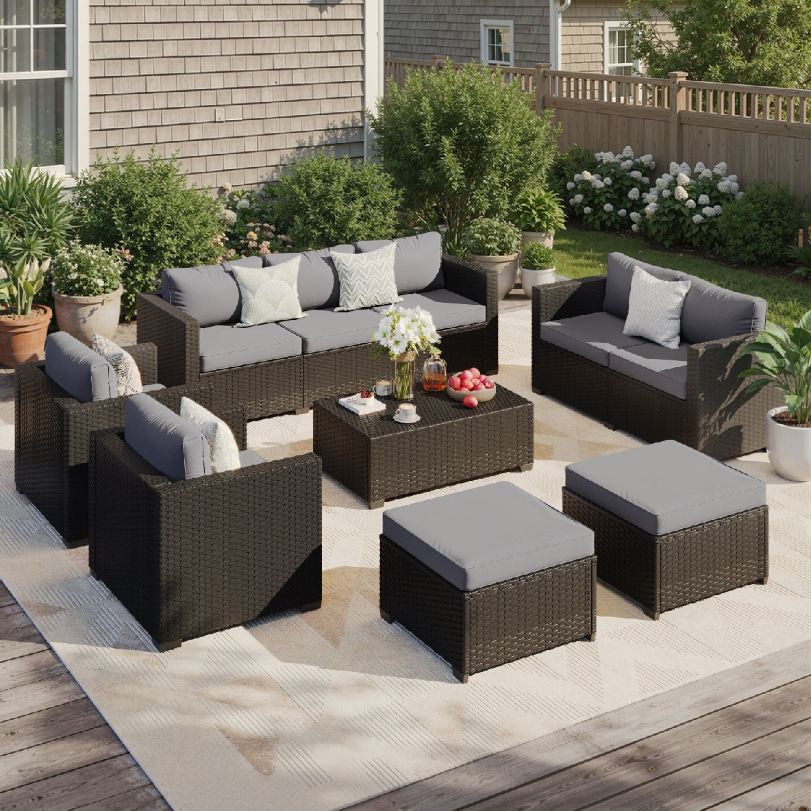 Aoxun 7-Piece Outdoor Patio Furniture Set, Rattan Outdoor Sectional with Thick Waterproof Cushions, Wicker Ottomans & Waterproof Cover, Patio Conversation Set for Garden, Backyard, Porch, Deck
