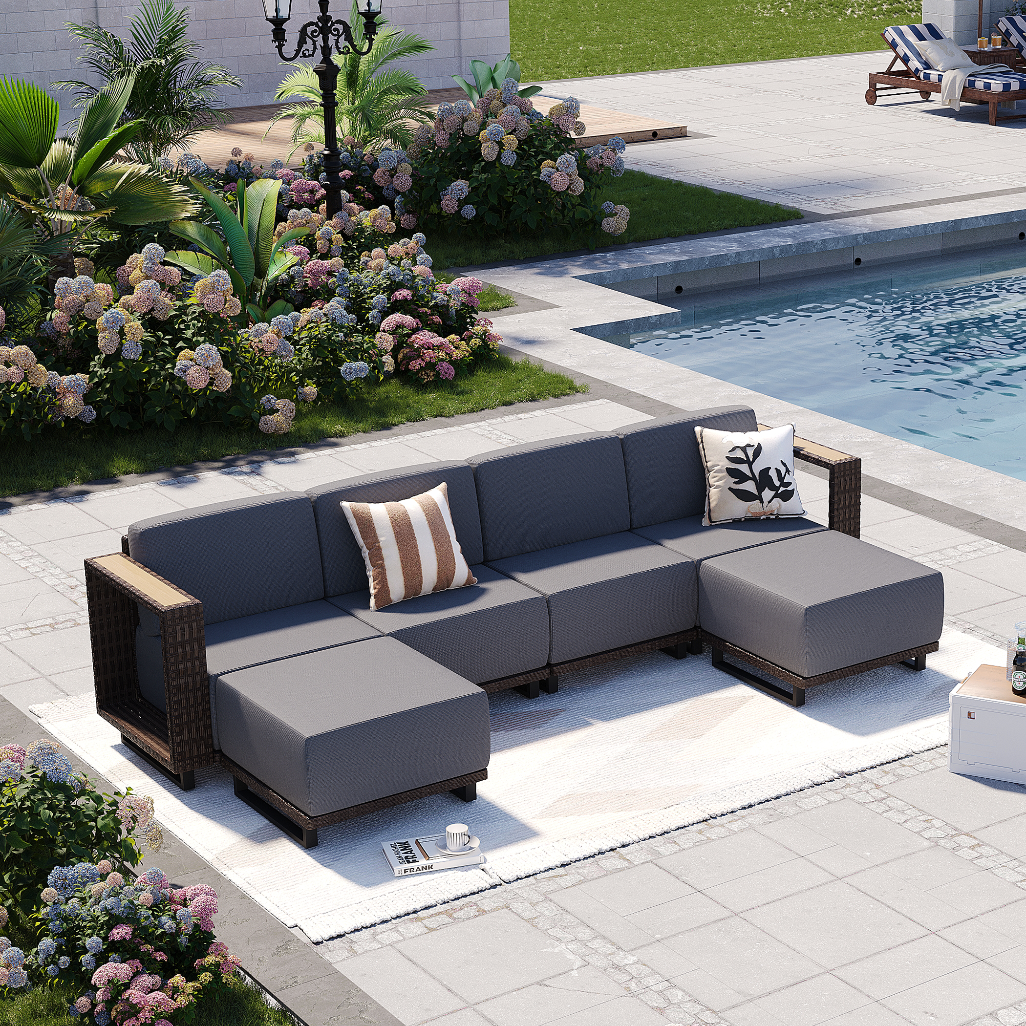 Aoxun Patio Furniture Set, 6 Piece Outdoor Wicker Sectional Sofa, All‑Weather Rattan Modular Sofa with 10'' Ultra‑Thick Cushions, Outdoor Conversation Set for Backyard, Poolside & Garden