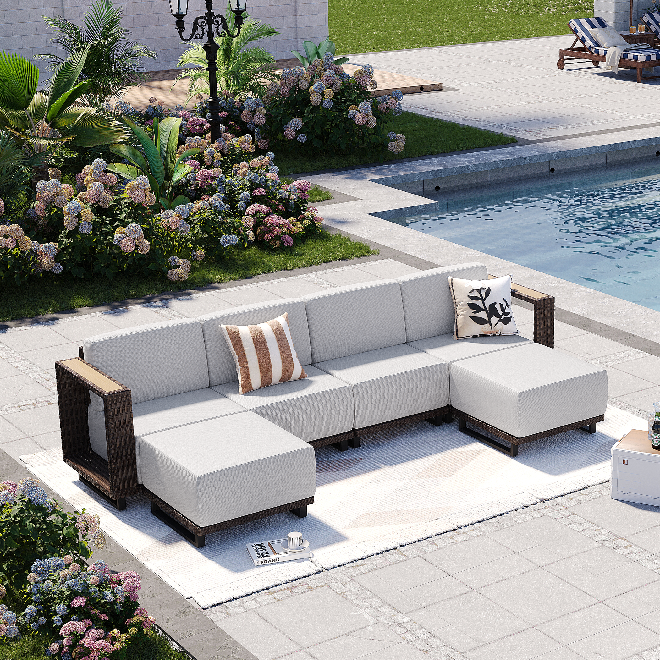 Aoxun Patio Furniture Set, 6 Piece Outdoor Wicker Sectional Sofa, All‑Weather Rattan Modular Sofa with 10'' Ultra‑Thick Cushions, Outdoor Conversation Set for Backyard, Poolside & Garden