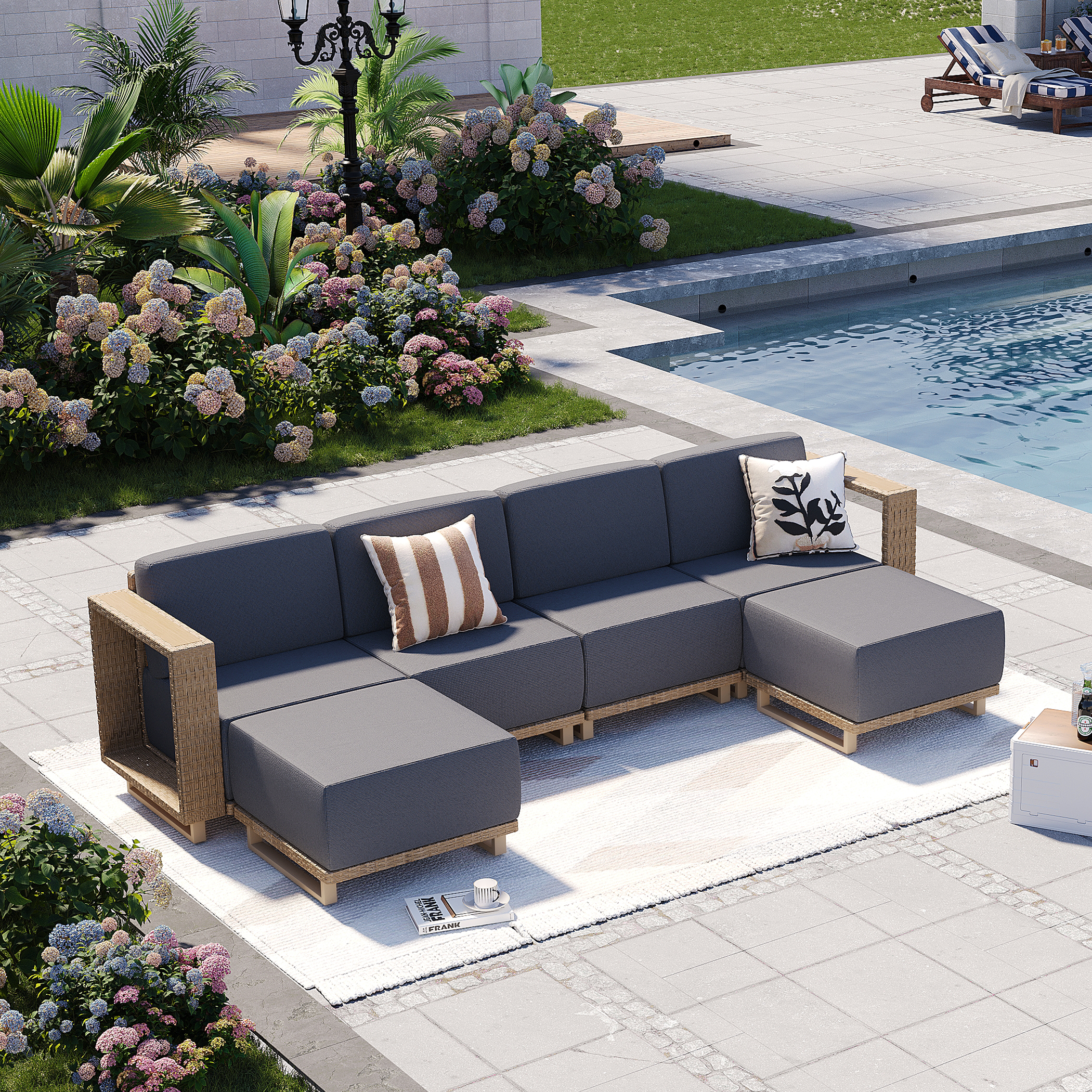 Aoxun Patio Furniture Set, 6 Piece Outdoor Wicker Sectional Sofa, All‑Weather Rattan Modular Sofa with 10'' Ultra‑Thick Cushions, Outdoor Conversation Set for Backyard, Poolside & Garden
