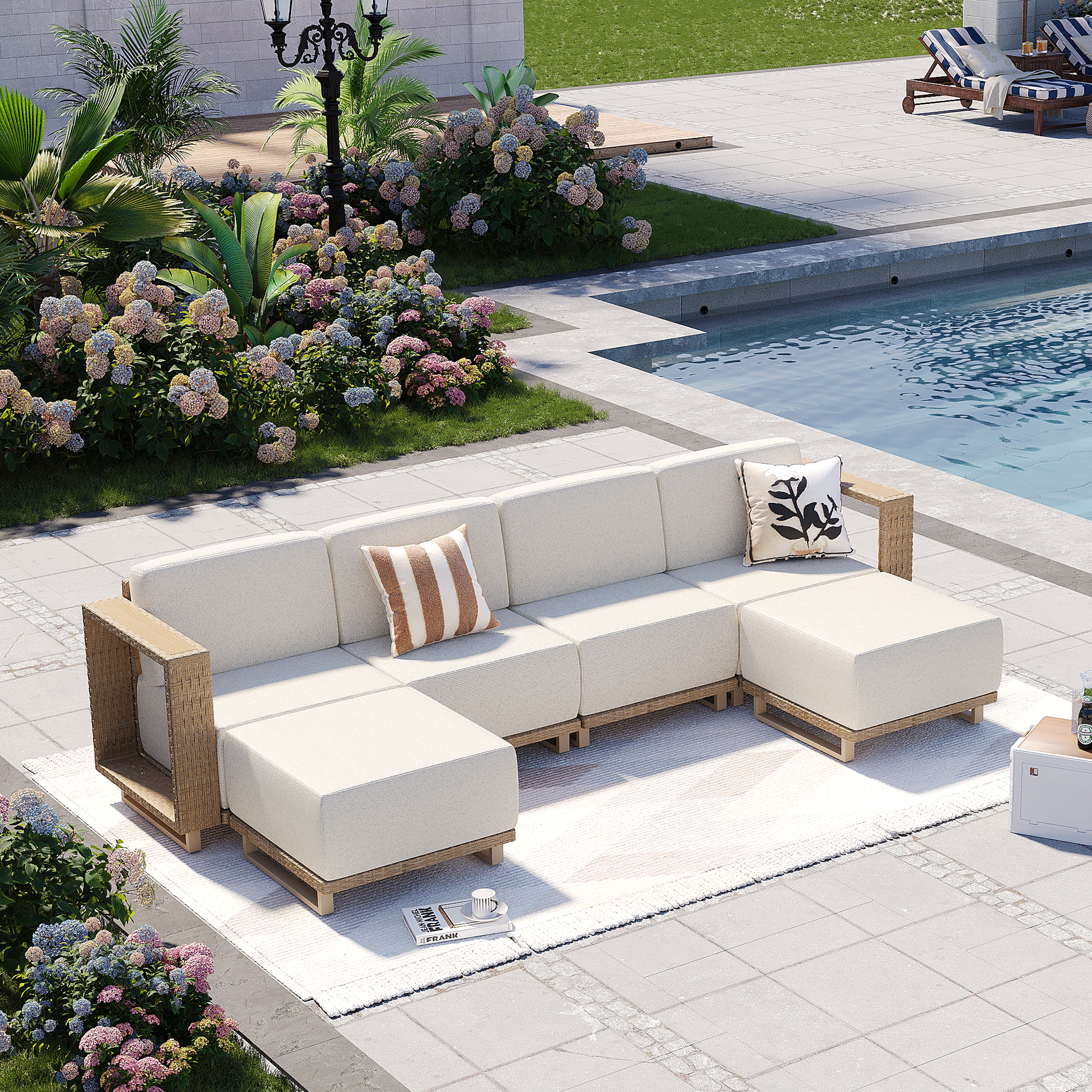 Aoxun Patio Furniture Set, 6 Piece Outdoor Wicker Sectional Sofa, All‑Weather Rattan Modular Sofa with 10'' Ultra‑Thick Cushions, Outdoor Conversation Set for Backyard, Poolside & Garden