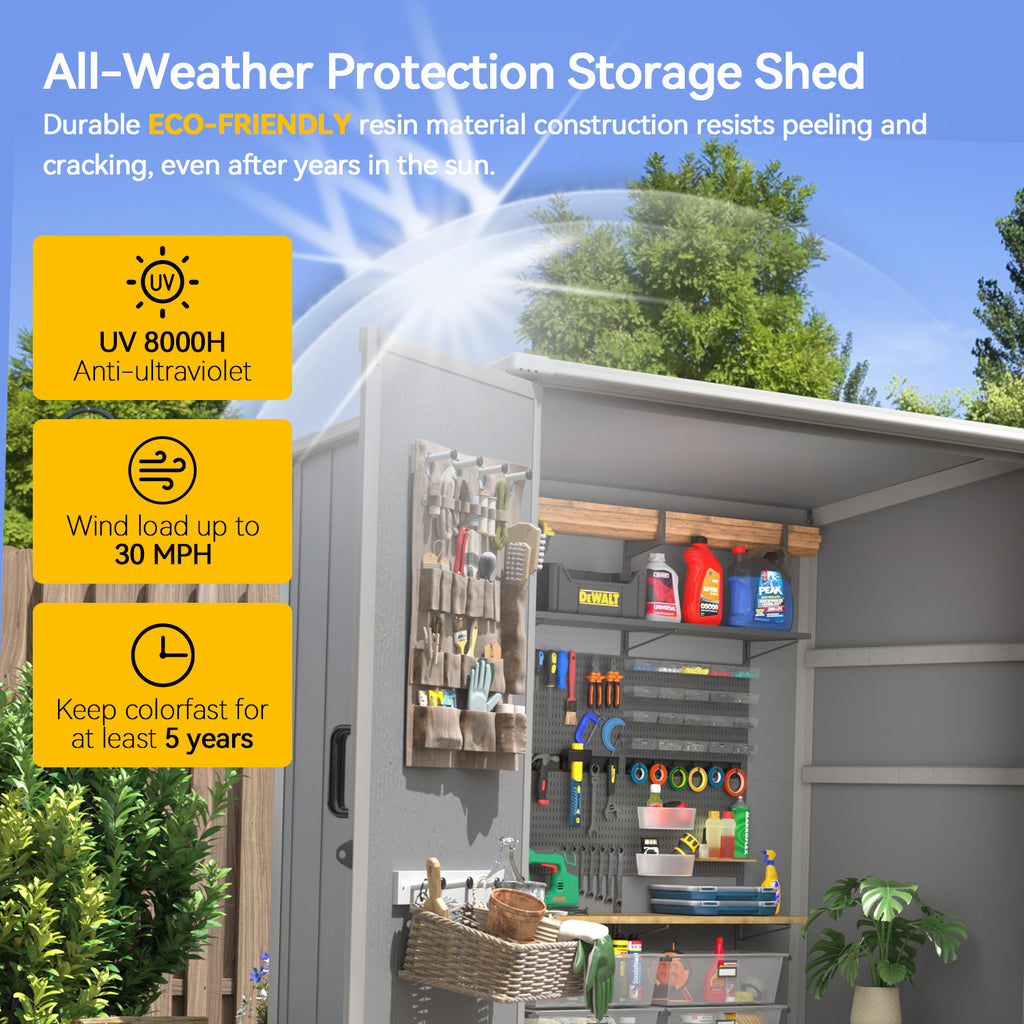 Aoxun 5x3 FT Outdoor Storage Shed, Plastic Garden Resin Shed with Floor for Patio, Lawn, Outdoor Storage Cabinet with Lockable Door for Bike, Garbage Can, Tools, Grey
