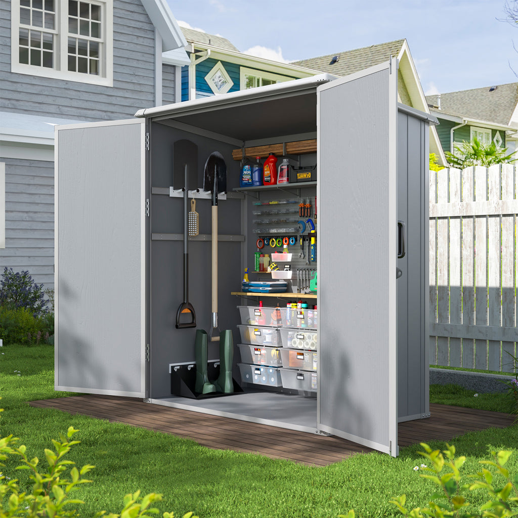 Aoxun 5x3 FT Outdoor Storage Shed, Plastic Garden Resin Shed with Floor for Patio, Lawn, Outdoor Storage Cabinet with Lockable Door for Bike, Garbage Can, Tools, Grey